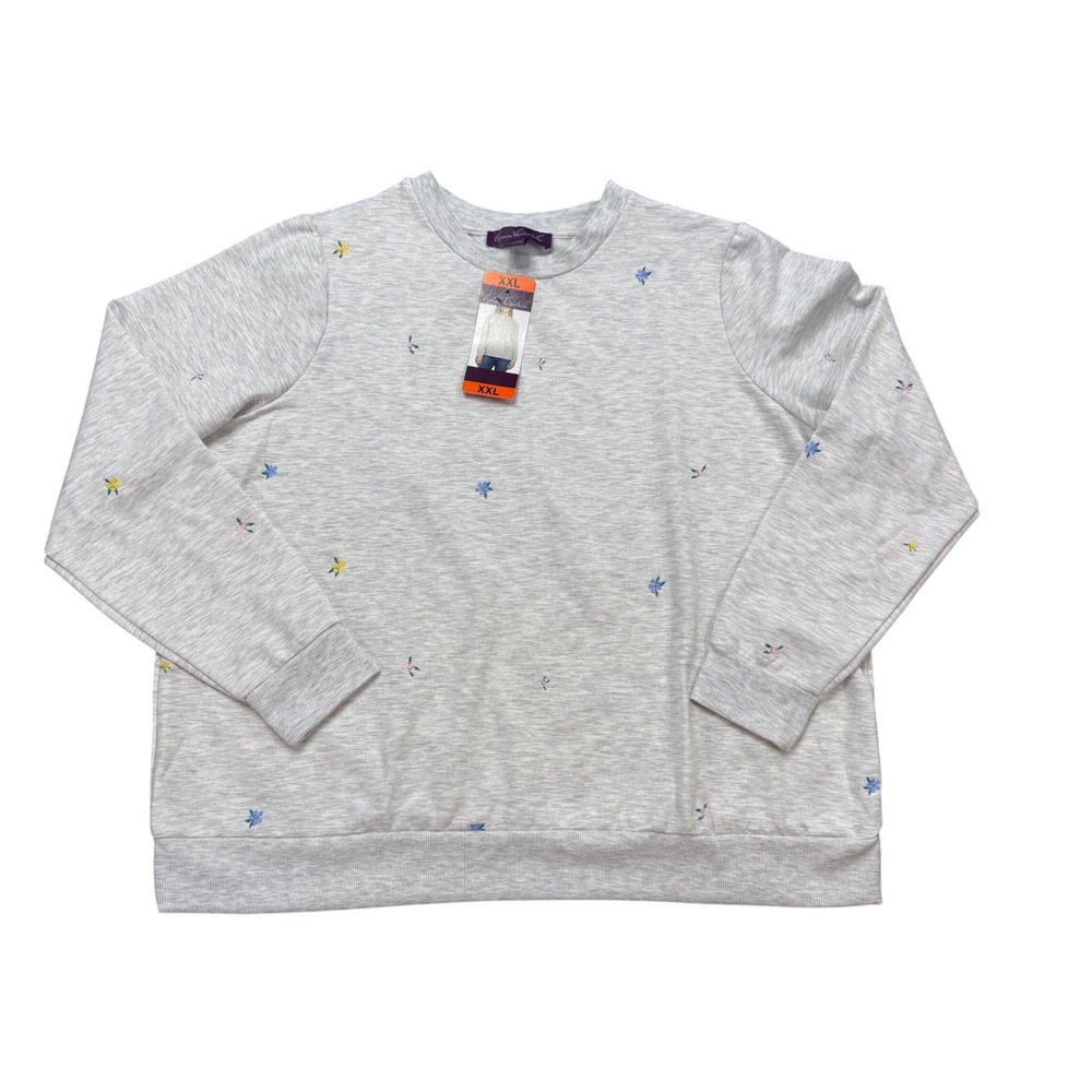 Gloria Vanderbilt Sweatshirt Women XXL Gray NWT Embroidered Floral Crewneck